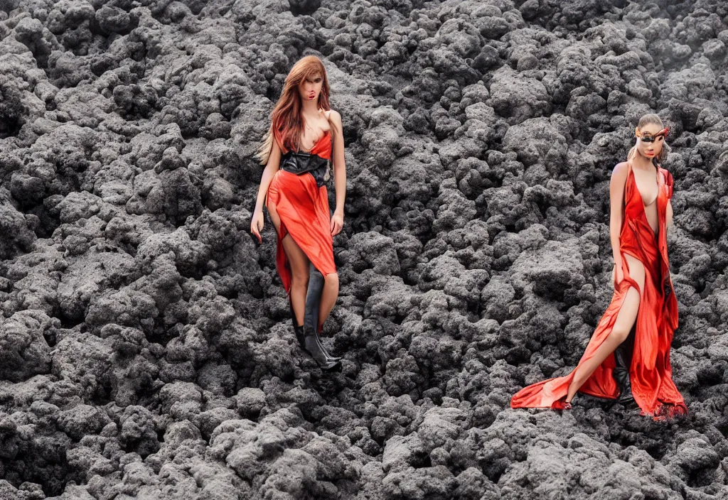 Prompt: fashion editorial in volcano eruption lava. wide angle shot. highly detailed.