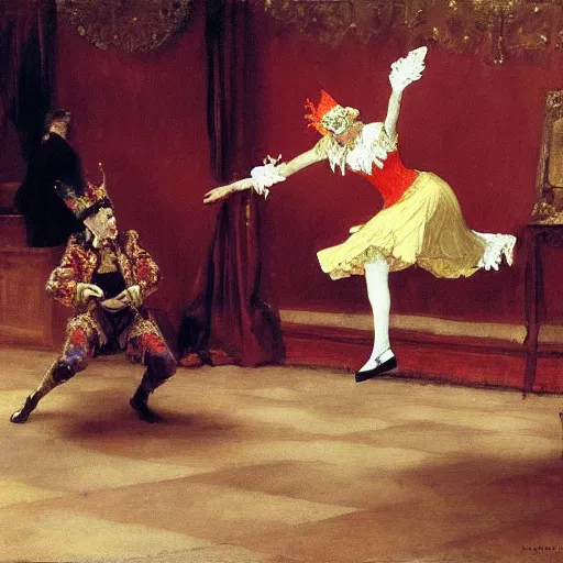 Image similar to a court jester break dancing while the queen watches in confusion and dismay. 85mm Ilya Repin, WLOP