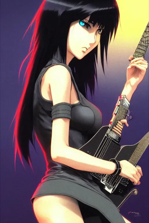 Image similar to wide view of a dark haired rock chick with guitar. Sharp fine face playing guitar, pretty face, realistic shaded Perfect face, fine details. Anime. by makoto sinkai, katsuhiro otomo ghost in the shell movie scene, magali villeneuve, artgerm, rutkowski