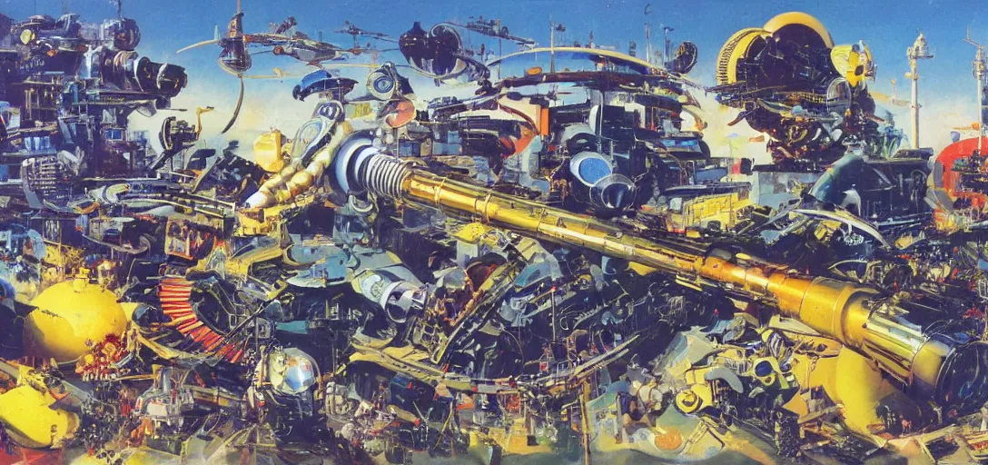 Image similar to a hypercomplex ray-gun gauss-cannon with numerous gadgets and doodads painted by john berkey and dr seuss