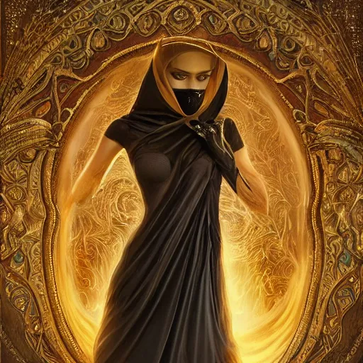 Image similar to a full body beautiful woman wearing a niqab made of silk with golden jewelry and diamonds by alex gray and android jones, karol bak, ayami kojima, arabian, concept art, fantasy