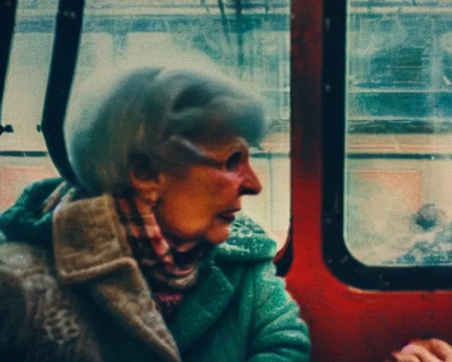 Image similar to a lomography photo of rumble between two grandmoms in soviet train this morning, bokeh,