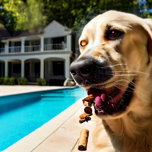 Image similar to a very detailed photo of a dog smoking a cigar outside the mansion by the pool