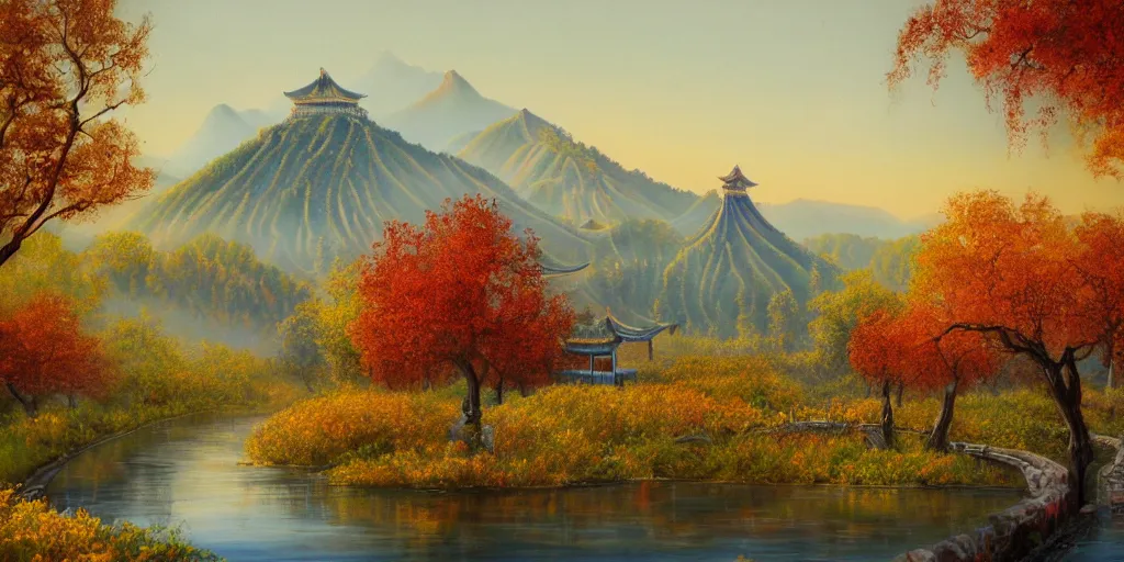 Image similar to painting of a FANTASY winery in BEIJING autumn, with a river winding through them. In the distance, there are mountains. by bob ross, Albert Bierstadt, oil on canvas, real photo taken with Polaroid camera, immaculate scale, hyper-realistic, trending on Artstation, 8k, detailed, atmospheric, immaculate