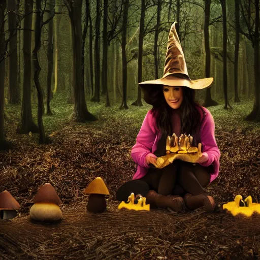 Prompt: A creepy witch eating mushrooms in a magical forest