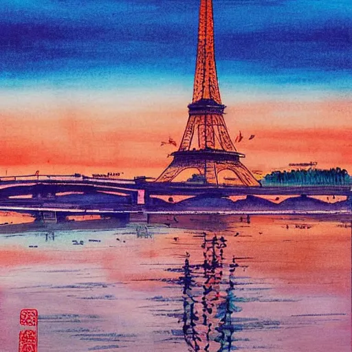 Prompt: Detailed sunset by the Eiffel Tower, Chinese painting style