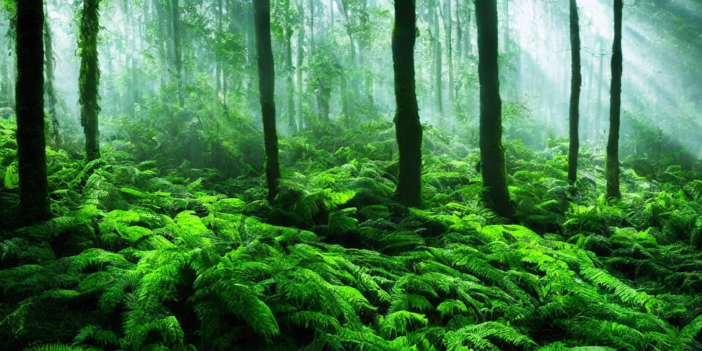 Prompt: deep lush forest floor with green ferns and moss, droplets of crystal clear water on the leaves, rays of sunlight coming through the clouds after rain, light fog