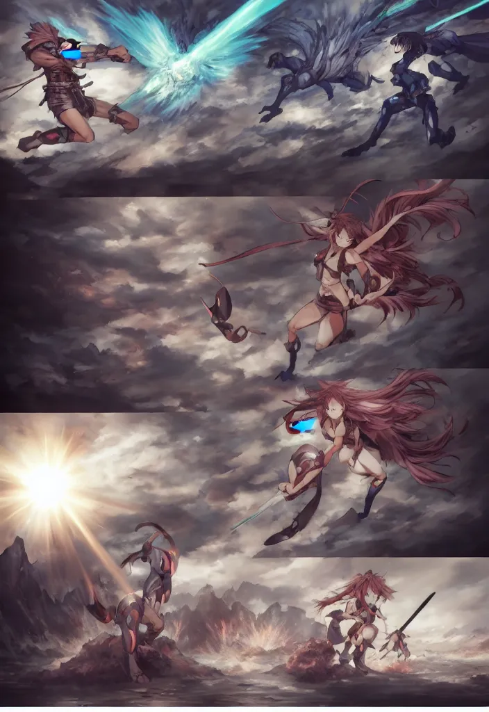 Prompt: Manga panel layout, battle between an alien monster and a beautiful warrior woman by Krenz Cushart and Pan_Ren_Wei and Hongkun_st and Bo Chen and Steve Zheng and WLOP and Alex Chow and askziye, and Bukurote, and Ryota-H, manga style, amazing light and shadows, in an abandoned warehouse, dapped light, large draped cloth, tissue ornement, dark fantasy, high detail, hyper realistic, trending on artstation