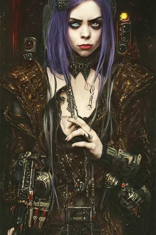 Image similar to beautiful gothic billie eilish, cyberpunk, Warhammer, highly detailed, artstation, illustration, art by Gustav Klimt