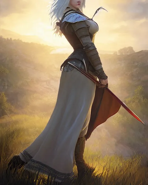 Image similar to Pre-Raphaelite Ciri from Witcher 3 by Artgerm and Greg Rutkowski, sunrise, backlit, wearing haute couture by schiaparelli, sharp focus, sun rays, full body, intricate, elegant, highly detailed, digital painting, pale