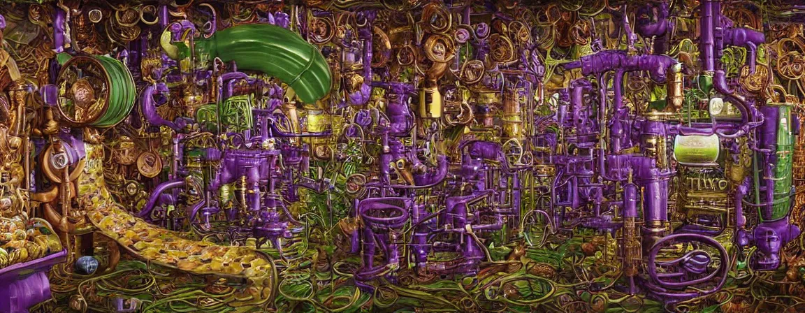 Image similar to a super high resolution film still of densely packed machine apparatus for making snake oil, huge copper machine with fine purple and green intricate pipework, art by jacek yerka, and ed roth, directed by denis villeneuve, cinematography by robby muller, fine detail, kodachrome 8 k, snake machine, cinematic lighting