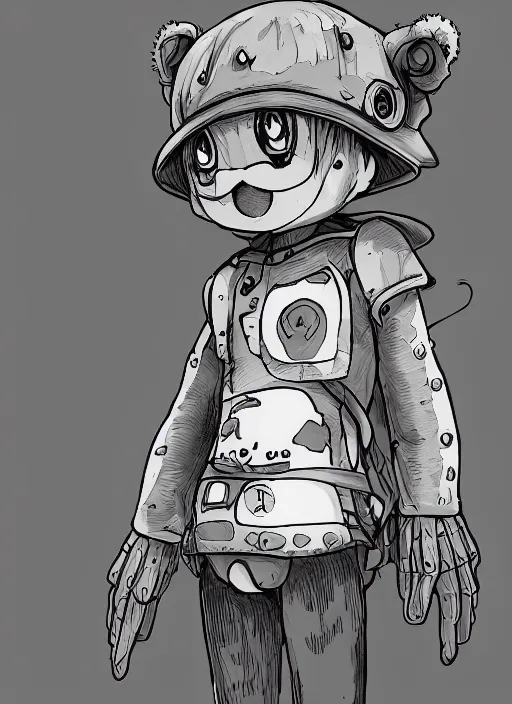 Image similar to beautiful little boy wearing an cyborg bear suit, artwork in kentaro miura and made in abyss and rosdraws and codename : kids next door, smooth, beautiful lightness, anatomically correct, trending on pixiv, forest