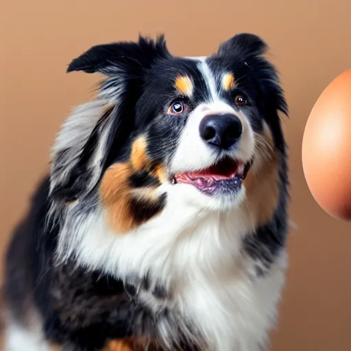 Image similar to photo of an Australian Shepherd balancing an egg on their head, award winning photography