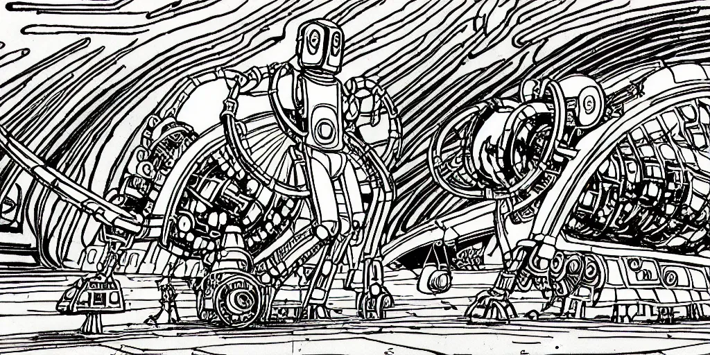 Prompt: traditional drawn colorful animation a symmetrical comet tail in robot platform deck wheelhouse spaceship station planet captain bridge planet surface, ground, tree, outer worlds robots extraterrestrial hyper contrast well drawn Metal Hurlant Pilote and Pif in Jean Henri Gaston Giraud animation film The Masters of Time FANTASTIC PLANET La planète sauvage animation by René Laloux