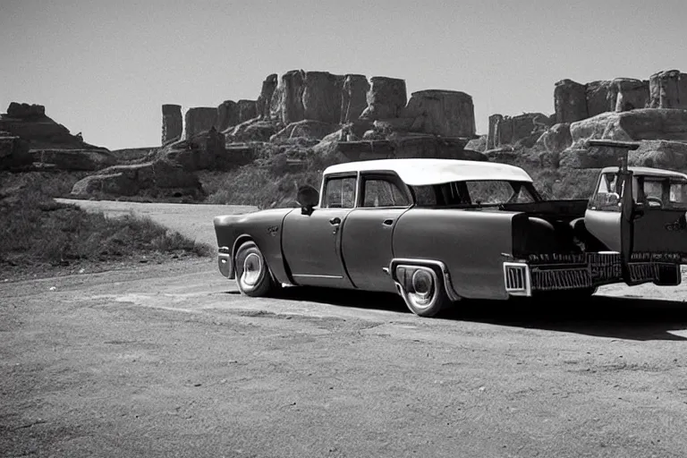 Prompt: Snakeoil Cadillac, Directed by Wim Wenders, Photography by Robby Müller