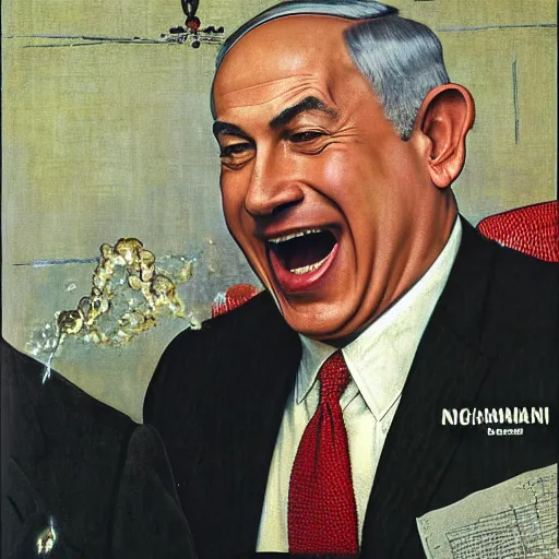 Image similar to benjamin netanyahu laughing hysterically at computer screen, by norman rockwell and michael cheval