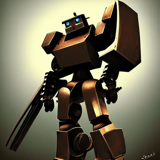 Image similar to « warrior robot, heavy gun, digital art »