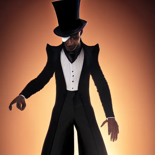 Image similar to a highly detailed portrait of a man in a high top hat covering his face, in a black tailcoat with a yellow waistcoat under the tailcoat, artstation, deviantart, professional, unreal engine 5, photorealistic