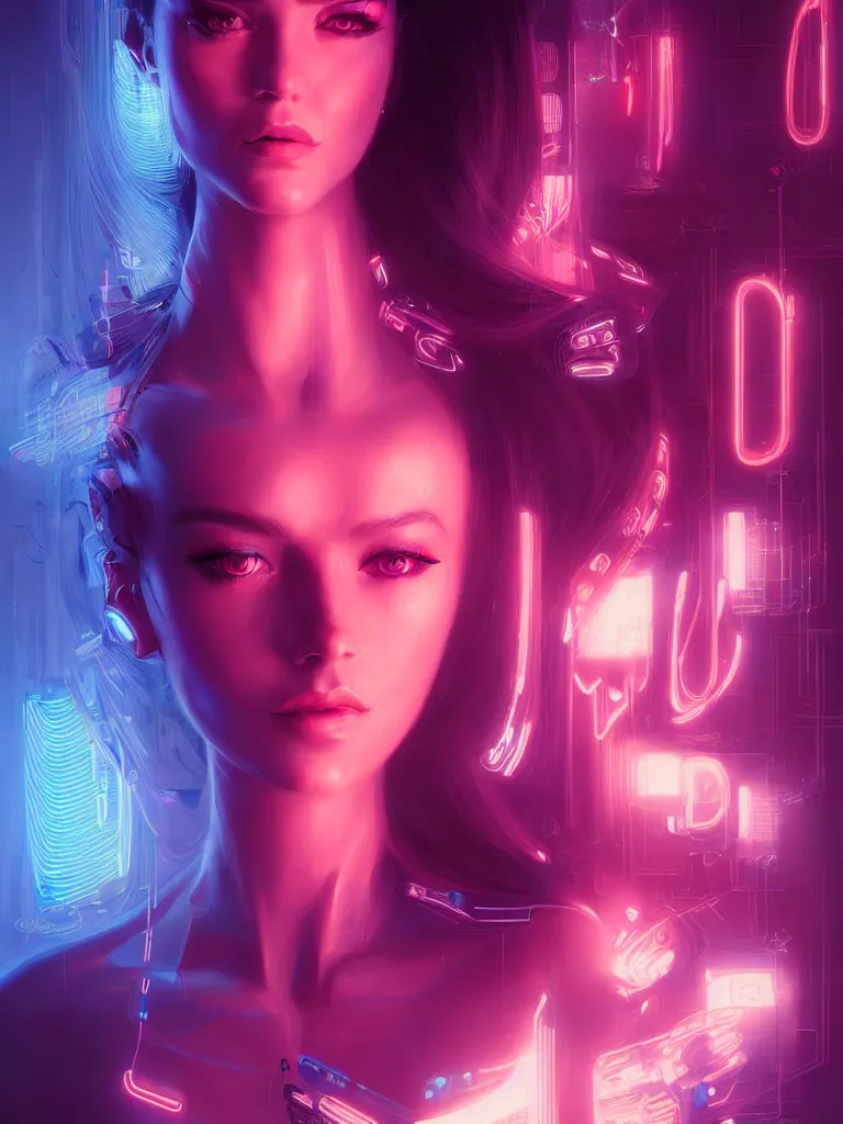 Image similar to portrait of female humanoid from 6 0 s era, intricate, elegant, cyber neon lights, highly detailed, digital painting, artstation, glamor pose, concept art, smooth, sharp focus, illustration, art by artgerm and greg rutkowski