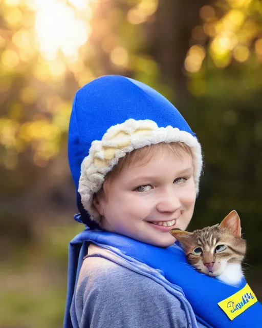 Image similar to banana wearing a cobalt blue vilt hat and wearing a baby sling with a kitten inside, color studio portrait, golden ratio, backlit, happy, detailed eyes