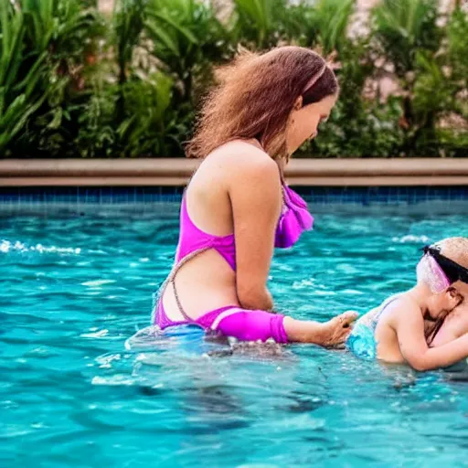 Prompt: a woman is giving her daughter a hug in a swimming pool, nearby a girl is crying and distraught in the water, under the water is a skeleton sitting on a chair