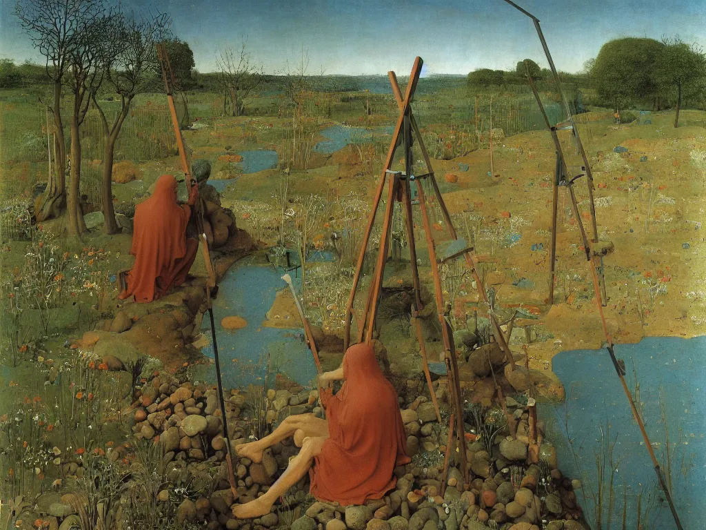 Image similar to Portrait of a painter painting on his easel knee deep in a river. Humanoid rocks, coral-like pebbles, orchard in bloom. Painting by Jan van Eyck, Roger Dean, Beksinski, Piero della Francesca