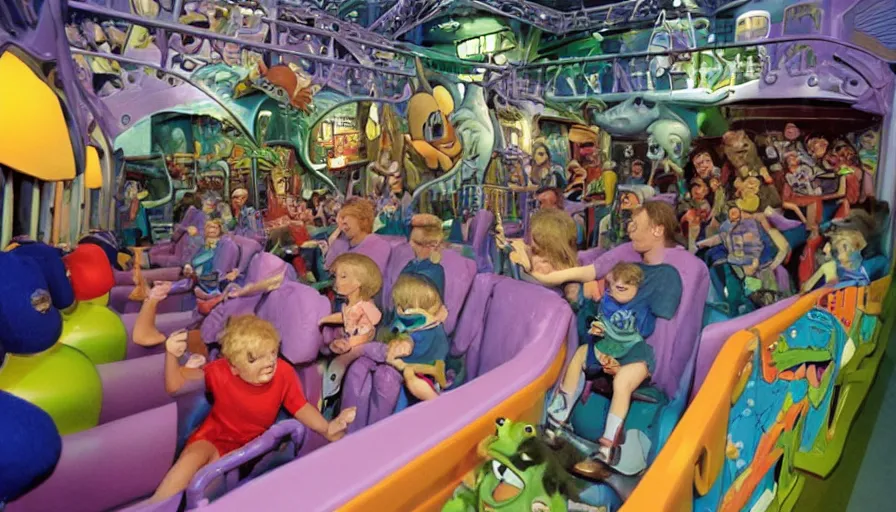 Prompt: 1990s photo of inside the Rugrats show ride at Universal Studios in Orlando, Florida, children riding in baby walkers battling Reptar, cinematic, UHD