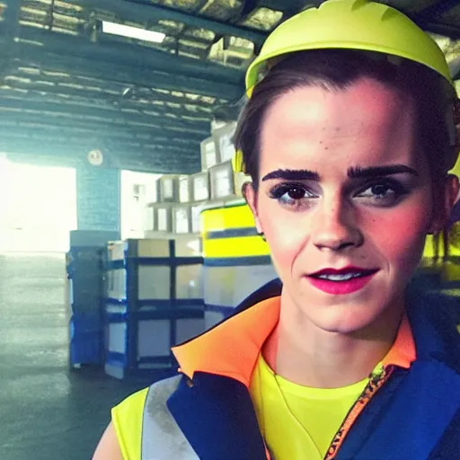 Prompt: photo, close up, emma watson in a hi vis vest, in warehouse, android cameraphone, humidity haze, 2 6 mm,