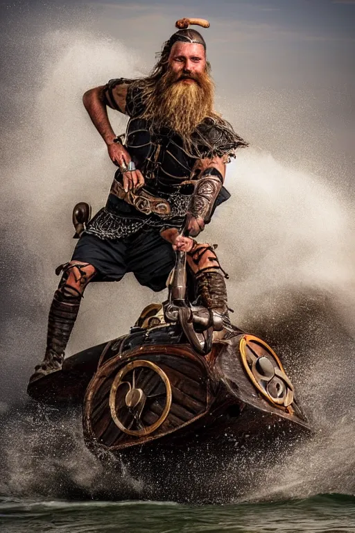 Prompt: old vintage full body photo of ancient viking warrior with full beard on the complex complex steam punk jet ski with antigravity engine during big viking event, extreme sports photography ,super high speed photography, dynamic photography,symmetrical face, clean face, muscular body, high speed,dirt and grawel in air, lens flares, dust partiles in the air, dramatic lighting, intricate, highly detailed, centered, smooth, sharp focus, sports photography, old photo, black and white, sepia, cinematic lighting, cinematic angle, national geographic