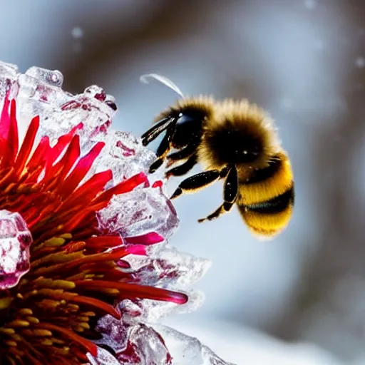 Prompt: a bee finding a glowing flower, entrapped in ice, only snow in the background, beautiful macro photography, warm ambient light