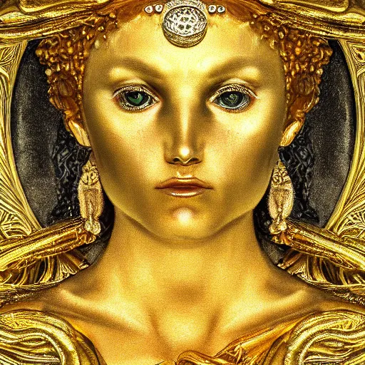 Image similar to sponge sculpture of hel goddess of the death, viking culture, intricate, elegant, digital painting, smooth, sharp focus, shiny gold, realistic gold, realistic metal, by william - adolphe bouguereau and gustav klimt,