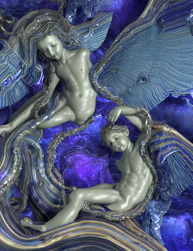 Image similar to a sculpture of a winged child made from blue and emerald and amethyst crystal geode formations with flowing marble water with obsidian base with liquid gold tendrils flowing by carlo maria mariani by stanisław szukalski, octane render, byzantine, spirals, elestial crystals, geode,