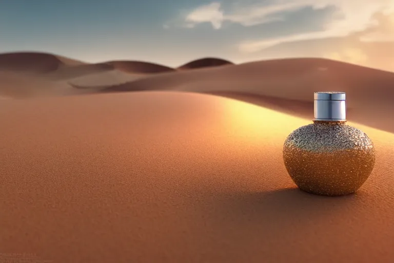 Prompt: perfume bottle buried in glittering oasis in the middle of a desert with soft skies, silky smooth, dramatic, mid day, sand dune background, large scale, wind - swept, lots of detail, realistic lighting, octane render, by wlop, artgerm, trending on artstation