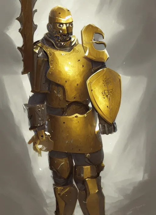 Image similar to portrait of a warforged character in yellow armor holding a paladin engraved longsword and carrying a big shield, epic concept art, trending on ArtStation, cinematic lighting, by Greg Rutkowski and Jesper Ejsing