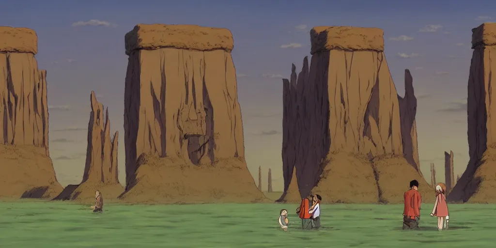 Prompt: a realistic cell - shaded studio ghibli concept art from paprika ( 2 0 0 6 ) of a giant mammoth and a grey native american warrior in a flooded monument valley stonehenge. very dull colors, wide shot, hd, 4 k, hq