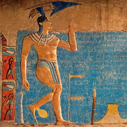 Prompt: a man swimming at a beach, artwork by ancient egyptian mural, tomb, fresco, register, hieroglyphics.