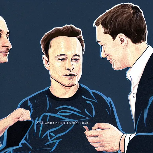 Image similar to illustration of a meeting between elon musk, mark zuckenberg, jeff bezos, very detailled, by artgem