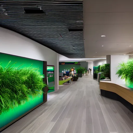 Prompt: interior photography of a Microsoft Samsung flagship store, wood, polished concrete, sunlight, spotlights, verdant plants green wall, digital screens, award winning interior design, patterns, retaildesignblog, dezeen, 14mm, 8k, cinestill, pentax, film