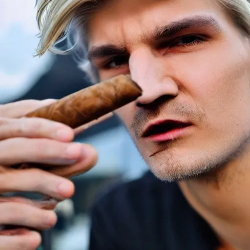 Image similar to a closeup photo of handsome gigachad xqc smoking a cigar