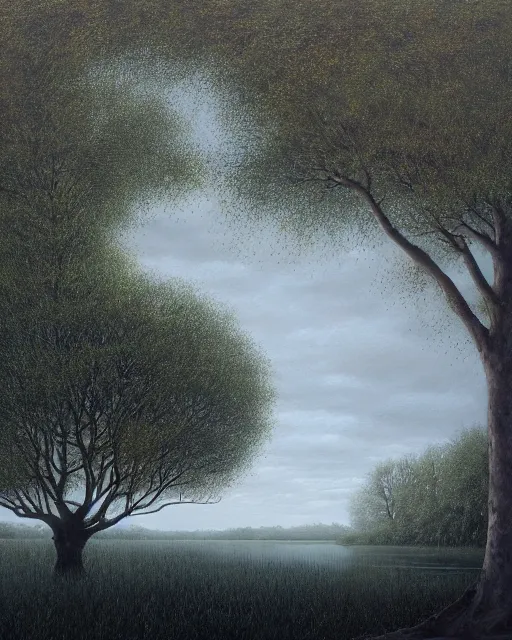 Prompt: a painting of a tree on a floating island, a surrealist painting by lee madgwick, deviantart, ecological art, oil on canvas, detailed painting, surrealist