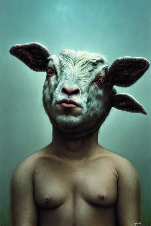 Prompt: painting of hybrid between human andy milonakis and a goat, by zdzislaw beksinski, by tiffany bozic, cold hue's, warm tone gradient background, concept art, beautiful composition, digital painting