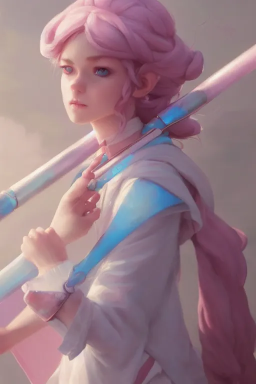 Image similar to portrait of a cute white mage girl with a staff in mage armor, soft, pink and blue, by tom bagshaw and atey ghailan and artgerm and and greg rutkowski, hyper realistic, octane render, trending on artstation