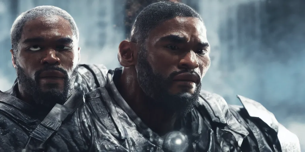 Prompt: a film still of a black man starring in a japanese blockbuster film as bryan fury from tekken, shallow depth of field, cinematic, award winning cgi, vfx, film still
