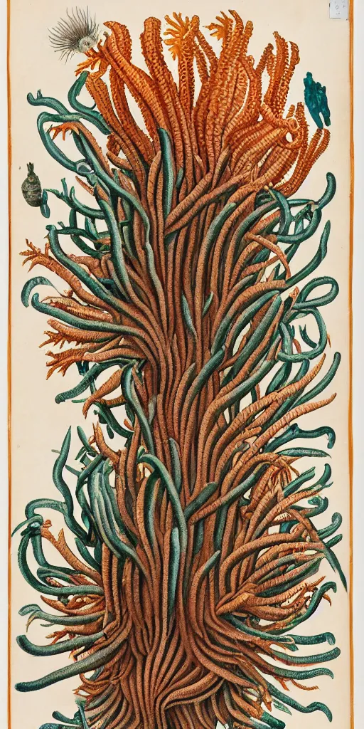 Prompt: A super-detailed poster of emaciated deep-sea anemone by Maria Sibylla Merian, photorealism, Color Palette is Dark Orange , Dark Green, Dark Sienna and White