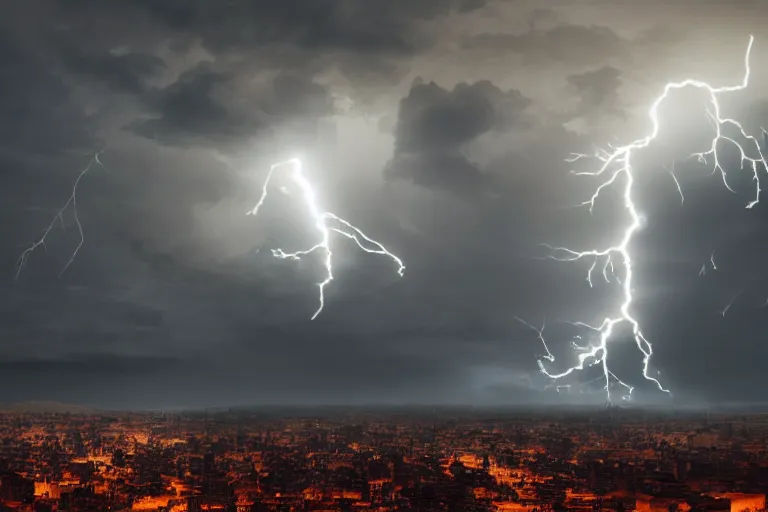 Image similar to a photo of a cloud made of fire and lightning looming over a dystopian city, photorealistic, 8 k