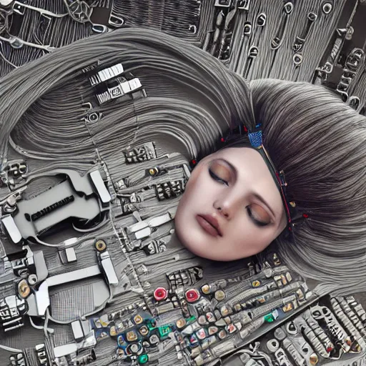 Image similar to tapping in to something greater, piles of modular synth cables, goddess laying down wearing a headpiece made of circuit boards, by cameron gray, wlop, stanley kubrick, masamune, hideki anno, unique perspective, trending on artstation, 3 d render, vivid