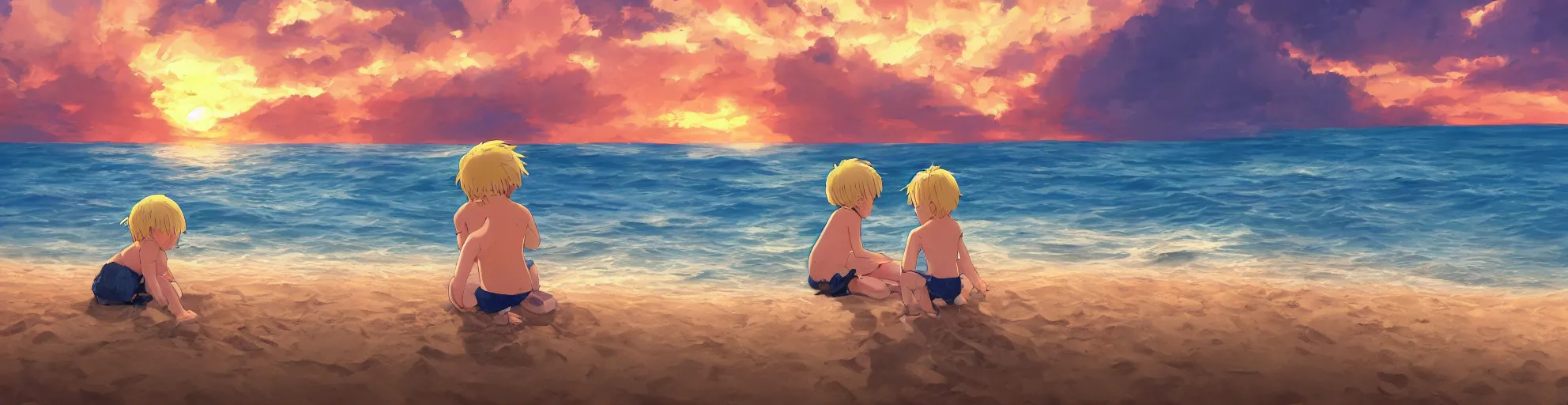 Image similar to beautiful, detailed digital painting of a blond-haired child making sandcastles on the beach and looking at the sunset, anime by Makoto Shinkai, sand, waves, trending on artstation