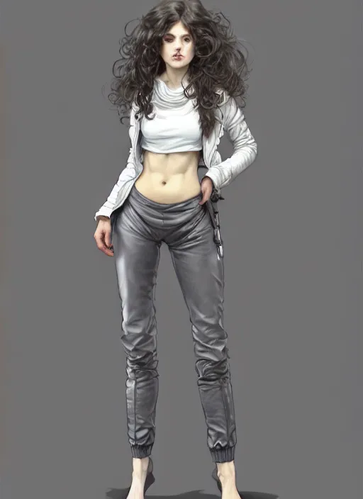 Image similar to girl in very short white! top and very short gray! leather jacket, open belly, long dark curly hair, high waist sweatpants, intricate, elegant, highly detailed, digital painting, artstation, concept art, smooth, illustration, art by artgerm and greg rutkowski and alphonse mucha