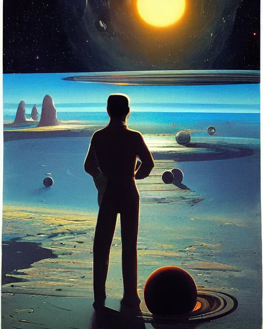 Prompt: a painting of a man standing in front of a planet, a detailed matte painting by david schleinkofer and by philippe bouchet and by syd mead, featured on deviantart, space art, sci - fi, dystopian art, matte painting