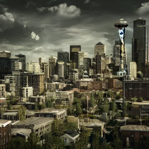 Image similar to a world fallen by disease, seattle completely wasted away, nature taken over and grow over buildings, high quality photorealism, cinematic, epic, Deviantart, Octane render